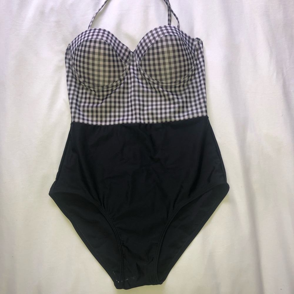 One piece black and white checkered bathing suit
